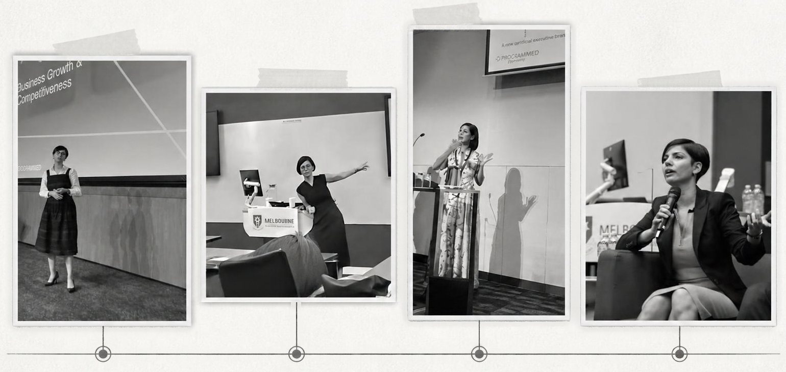 Four photos of Sinem Celik presenting at conferences, lecterns and panel sessions